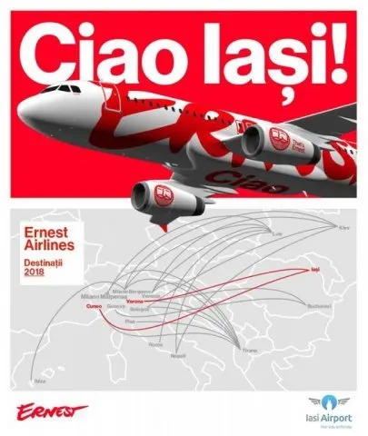 Ernest Airlines deschide săptămâna viitoare rute noi de la Iași