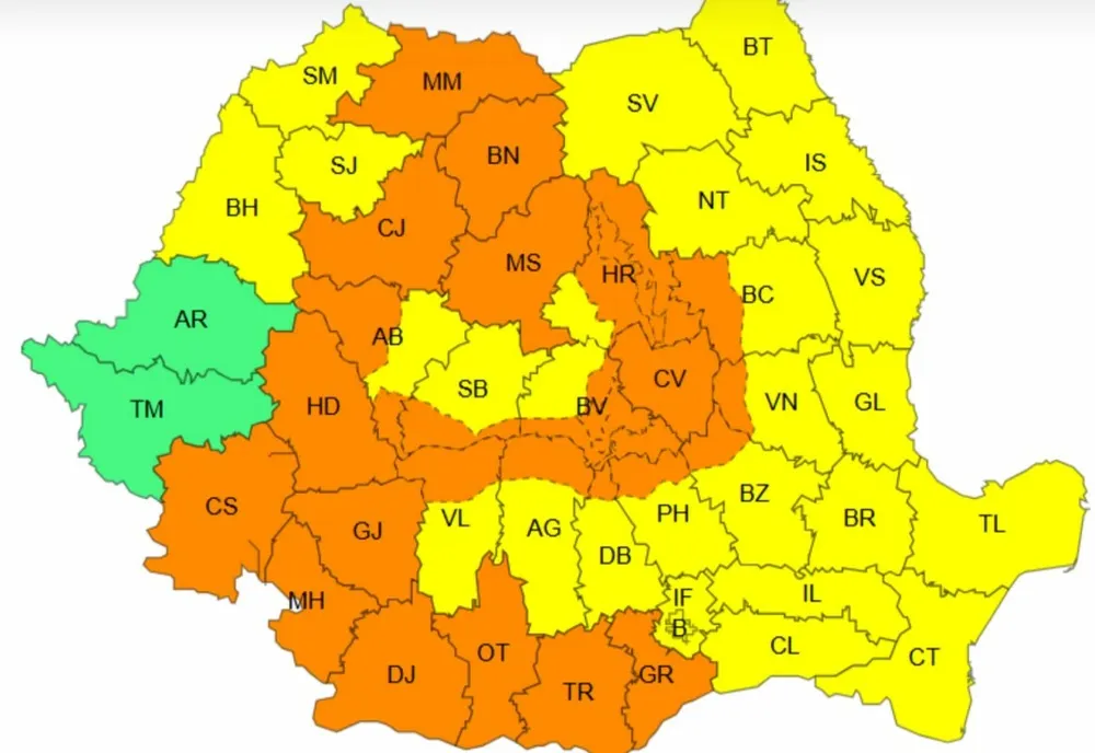 COD PORTOCALIU DE AVERSE ȘI VIJELII EMIS DE ANM ÎN 12 JUDEȚE